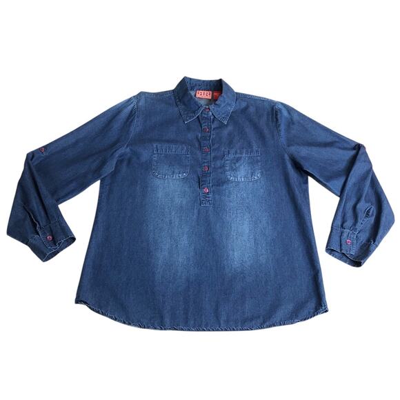 Red Ranch Tops - Red Ranch Top Womens M Blue Chambray Popover Cotton Roll Tab Long Sleeve Western